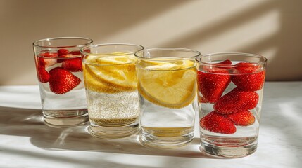 Glasses of infused water with lemon strawberries casting shadows