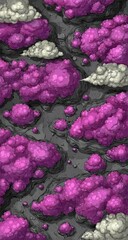 A top-down view of a whimsical landscape featuring clusters of vibrant magenta flora and wispy white clouds, set against a textured gray stone surface.