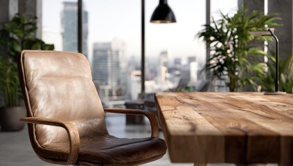 Modern, rustic office chair and desk with city view