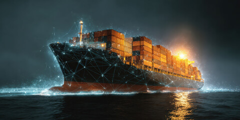 Cargo ship illuminated by digital network lines sails through ocean at night, symbolizing integration of technology in global trade and supply chain resilience