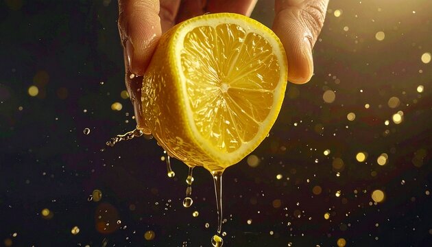 Squeezing fresh lemon, capturing the essence with a burst of juice droplets, a moment of citrus delight!
