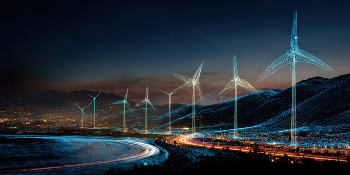 Series of wind turbines with digital overlays illuminate night sky, set against flowing water body and distant city lights, creating futuristic and sustainable energy scene