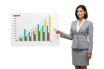 Confident young businesswoman pointing to a bar graph.