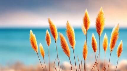 Ocean view with golden pampas grass sunset sky