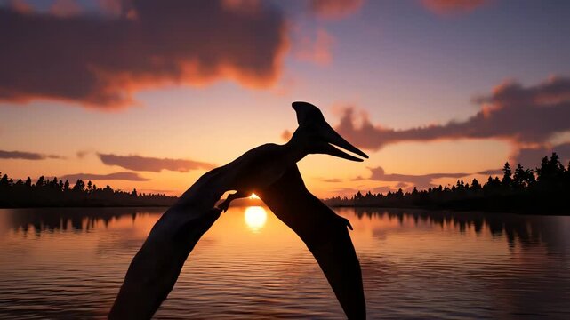 4k silhouette of pterosaurs in flight at sunset over a calm lake, a dramatic wide shot showcasing warm, fiery colors against a cloudy sky; prehistoric wildlife, digital
