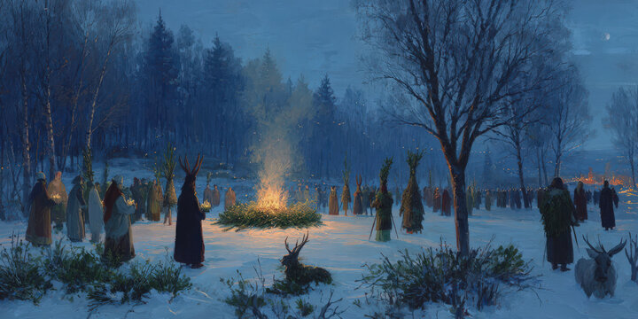 Group of people gather around bonfire snowy forest, participating winter solstice celebration. scene is illuminated by fire warm glow, contrasting with cold, blue tones of snow and sky
