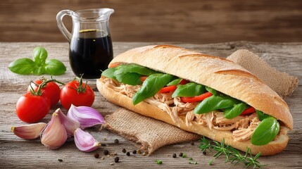 Rustic sandwich with fresh tomatoes basil on wooden table