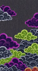 A stylized design of textured clouds in vibrant hues of purple, green, and gray, arranged against a dark gray backdrop.