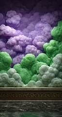 Intricate design of swirling, sculpted clouds in shades of lavender and emerald green, displayed on a pedestal of dark stone with Greek key molding.