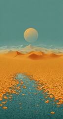 A serene desert landscape with a small, glistening body of water, bathed in muted orange and teal hues, and a large, soft-edged orb in the pale sky.