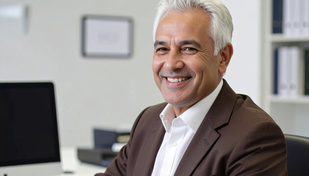 a smiling fifty man with short white hair wearing a brown jacket and a white shirt sitting at the desk in the office