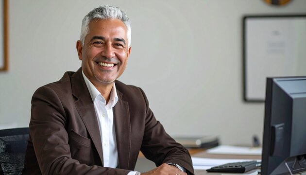 a smiling fifty man with short white hair wearing a brown jacket and a white shirt sitting at the desk in the office