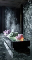 A modern art installation, featuring colorful, abstract forms within a sleek, dark stone basin, bathed in ambient light.