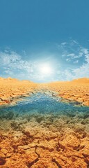 A vibrant landscape showcasing a small pool of water amidst cracked earth under a brilliant sky, highlighting the stark contrast between life and drought.