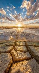 A dramatic sunset view over a dried-up lakebed, showcasing intricate patterns of cracked earth and a tranquil water reflection.