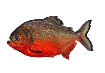 A vivid profile view of a predatory piranha, showcasing its striking red and gray scales against a stark black backdrop.
