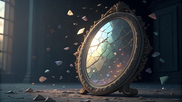 A broken mirror floating in mid-air, shards covered in velvet fuzz, glowing with inner rainbow light through cracks.