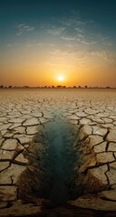 A vast, cracked earth landscape at sunset, showcasing a deep fissure, reveals the vulnerability of arid regions.