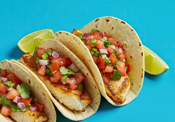 Grilled Fish Tacos with Pico de Gallo on Bright Yellow Background 
