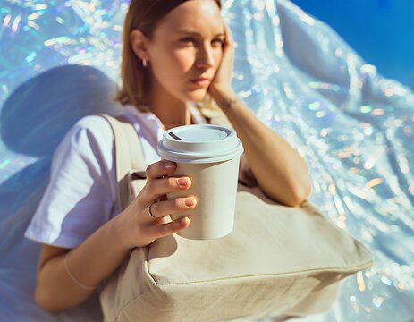 Woman Holding Disposable Coffee Cup Against Holographic Background In Fashionable Outfit
