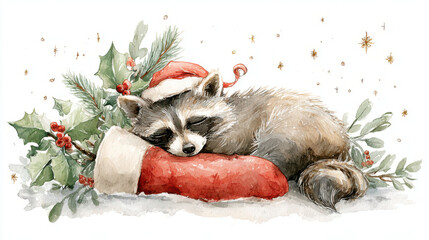A cute raccoon sleeps soundly in a Santa hat amidst holiday decorations.