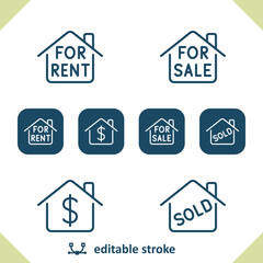 Real Estate Icons. Sign, For Sale, Rent, Sold, Dollar, Home, House Icon