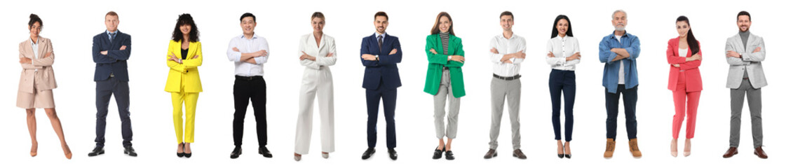 Group of different men and women on white background