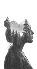 A profile view of a woman, with a landscape of mountains and trees layered within her head and shoulders, showcasing a serene and thoughtful mood.