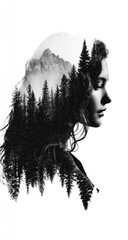 A captivating monochrome portrait combines a serene mountain landscape with a woman's profile, creating a striking visual juxtaposition.