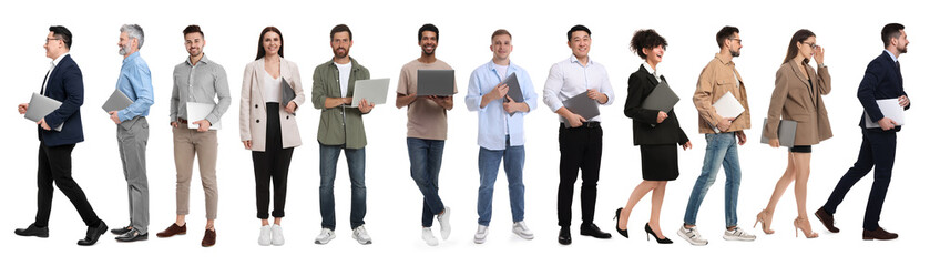 Group of different men and women on white background