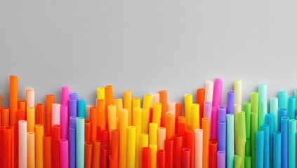 Colorful plastic drinking straws arranged in a dense horizontal row against a light gray background