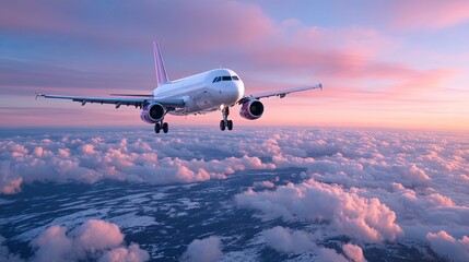 Obraz premium Passenger Airplane Flying Through Clouds at Sunset with Pink and Purple Hues