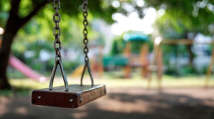 A solitary swing set with blurred background on sunny day, inviting childhood nostalgia