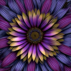 A detailed close-up view of a vibrant flower, showcasing intricate petal patterns in shades of purple, gold, and deep blues.