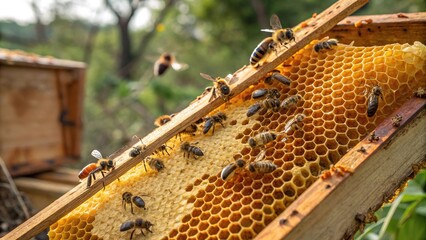 Honeybee comb filled with golden honey showcasing the busy life of bees in a lush garden during summer