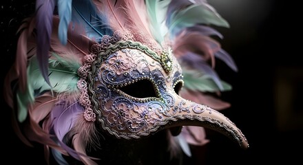 carnival mask masque decorated with pastel color feathers on a black background masquerade costume