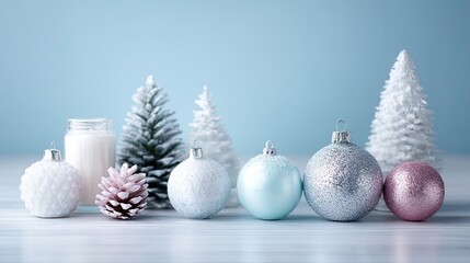 Pastel Christmas Ornament Arrangement with Glitter and Snow on Light Blue Background