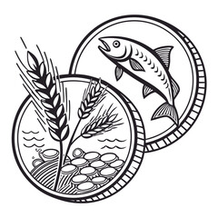 Illustration of wheat and fish, ancient christian symbol, representing the eucharist and the bread of life