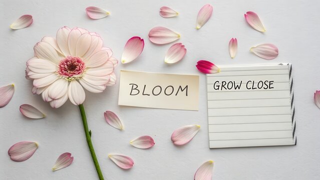 Inspirational floral arrangement with notes and petals on a table