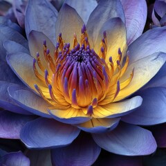 A vibrant, close-up view of a water lily blossom, showcasing the intricate detail of its petals and the striking contrast of deep purple and golden-yellow hues.