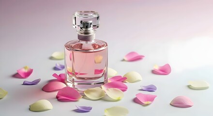 perfume glass bottle  for women and rose flower petals in pastel colors fragrance aroma elegant romantic feminine rose water spray