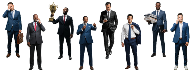 A diverse group of business men with different poses and expressions.