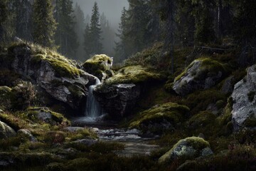 Misty mountain stream cascading over mossy rocks in a dense forest