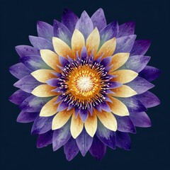 A vibrant, detailed depiction of a water lily, showcasing its multi-hued petals in shades of purple, yellow, and gold, with intricate textures and glistening water droplets.