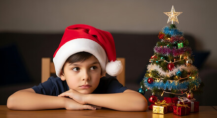 Young boy in Santa hat looks bored beside a small decorated Christmas tree and gifts.