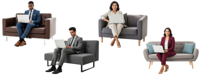 A diverse group of businesspeople working on laptops on a sofa.