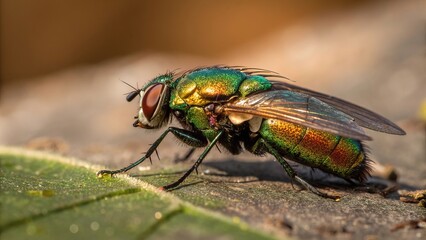 Insect with metallic sheen walking on a leaf in a natural setting under soft sunlight