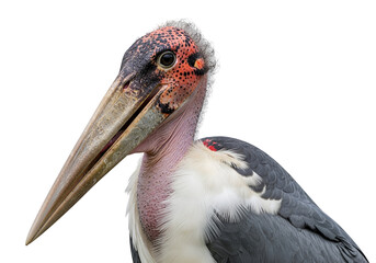Close-up portrait of a magnificent bird, displaying intricate details of its plumage and beak against a stark black backdrop.