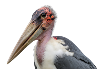 Close-up portrait of a magnificent bird, displaying intricate details of its plumage and beak against a stark black backdrop.