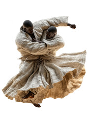 Two judo athletes in action, isolated on transparent background